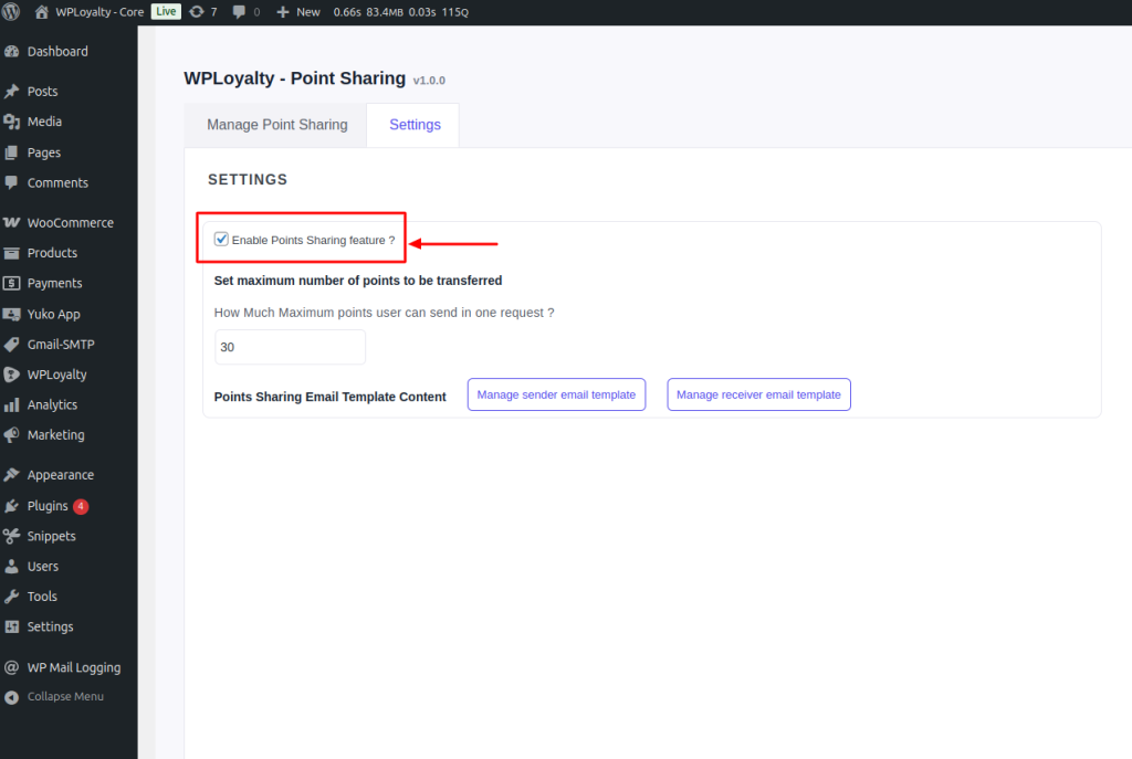 Enable the “Point Sharing” option in the customer settings