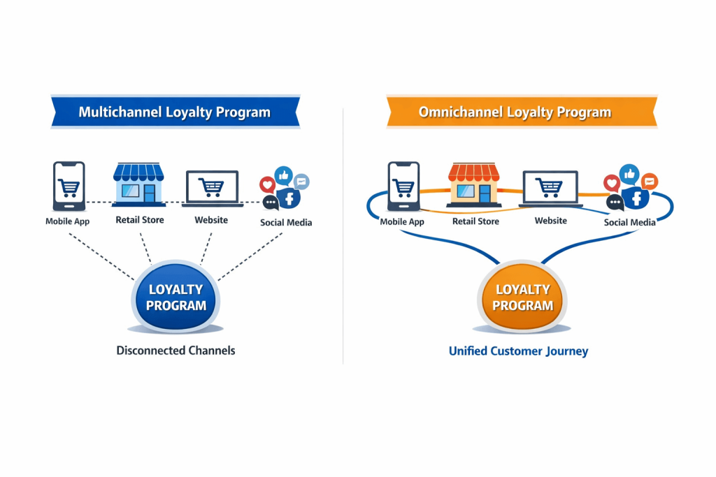 Omnichannel loyalty program vs multichannel loyalty program diagram showing connected customer journey