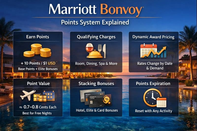 Infographic explaining the Marriott Bonvoy Points System with key details on earning, qualifying charges, dynamic pricing, point value, stacking bonuses, and expiration.