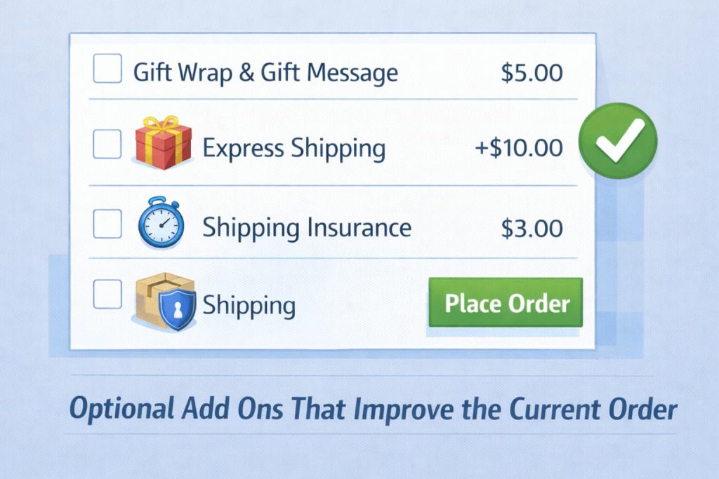 -Relevant checkout add-ons like gift wrapping and shipping upgrades offered in WooCommerce.-