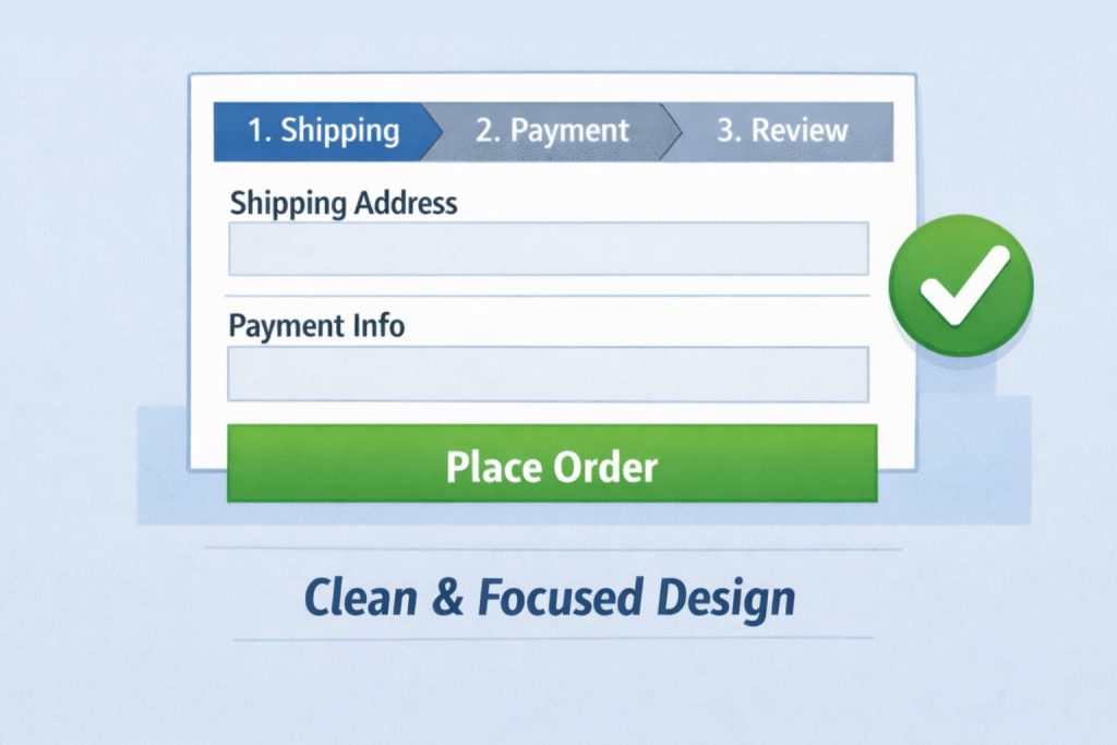 -Simplified WooCommerce checkout layout with fewer distractions for smoother flow.-