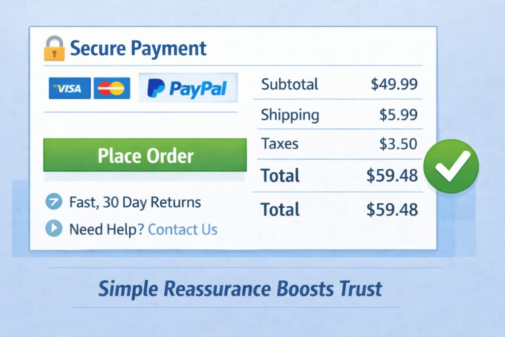 -Trust signals in WooCommerce checkout, including security badges and return policy.-