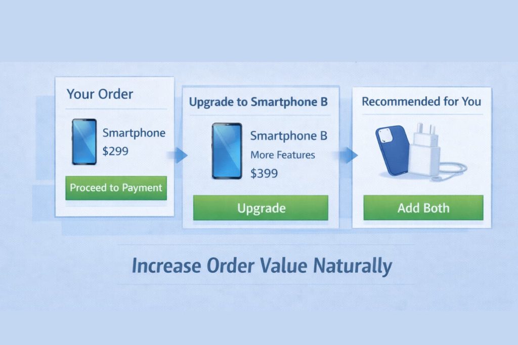 -Upsells and cross-sells displayed at checkout to increase order value in WooCommerce.-