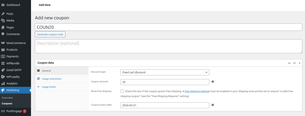 Add new coupon in woocommerce