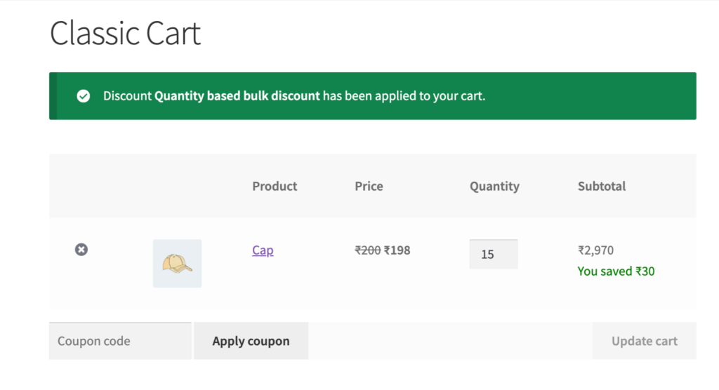 Bulk Discount rule cart page output