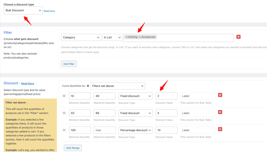 Bulk Discount rule — Accessories category filter, three pricing ranges displayed with quantities and fixed discount amounts