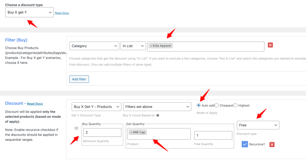 Buy X Get Y rule — Kids Apparel category filter, Cap as free product, minimum 2, free quantity 1