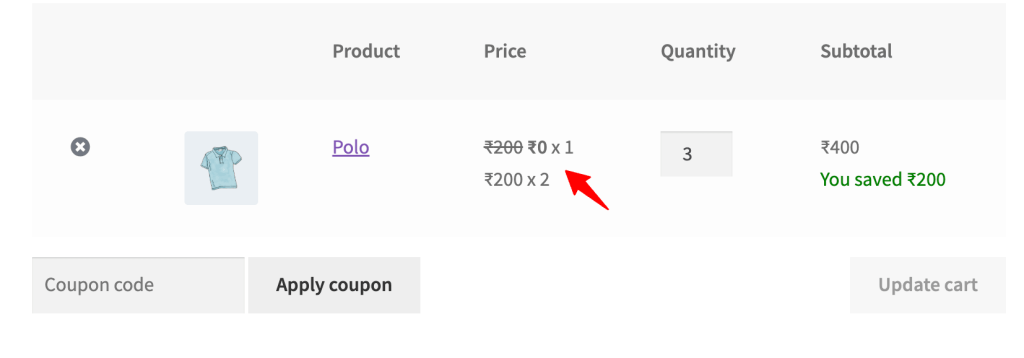 Cart Page output of Buy 2 Get 1 Free