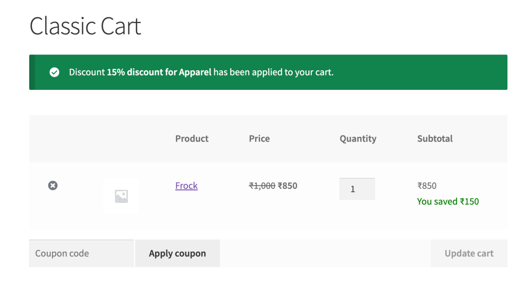 Cart page showing Apparel products with 15% discount applied, original price crossed out