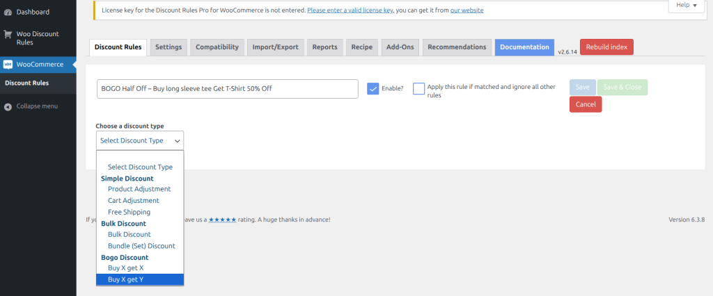 Choose Discount Type "Buy X Get Y" for 50% Off BOGO