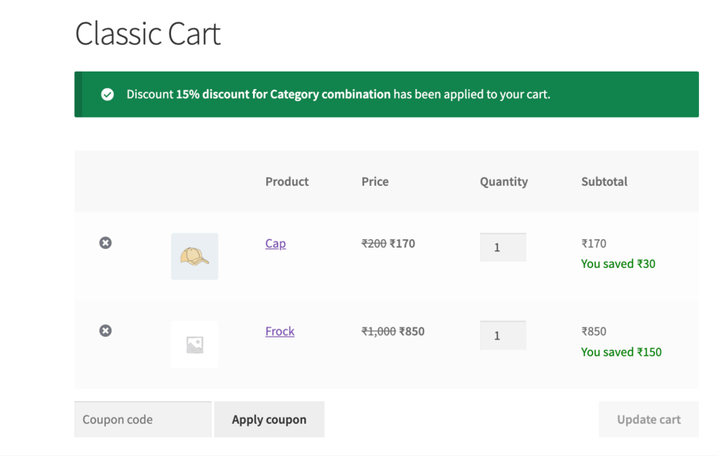 Crat page output for Cross-Category Combination Discount