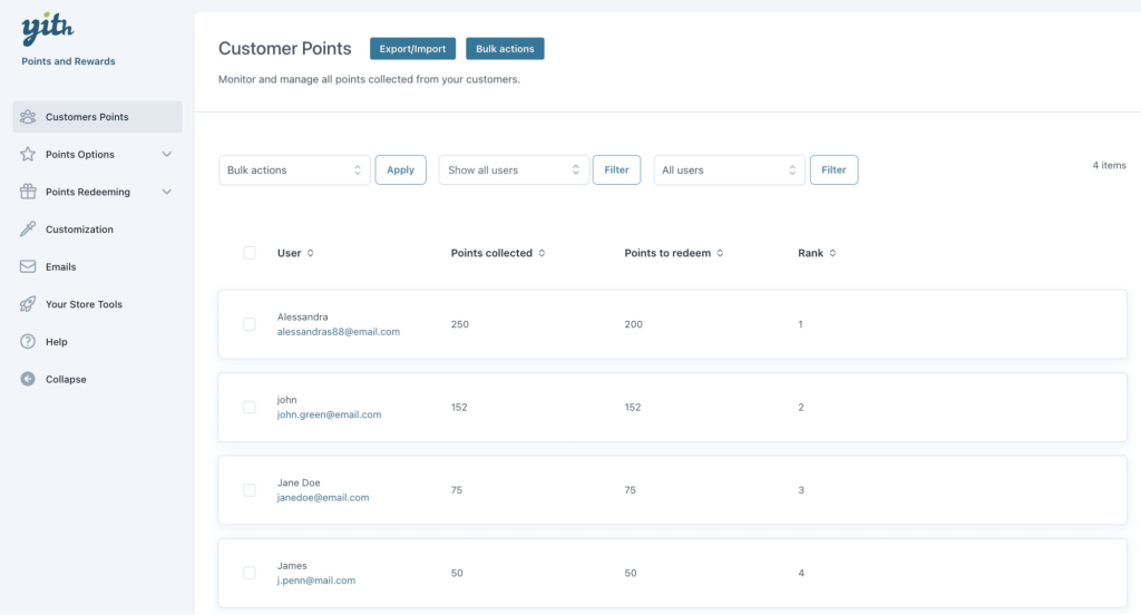 Customer points dashboard of Yith WooCommerce points and rewards plugin