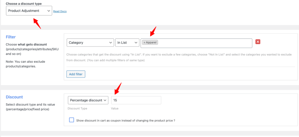 Discount Rules — Product Adjustment rule with Categories filter set to "Apparel" and Percentage discount set to 15