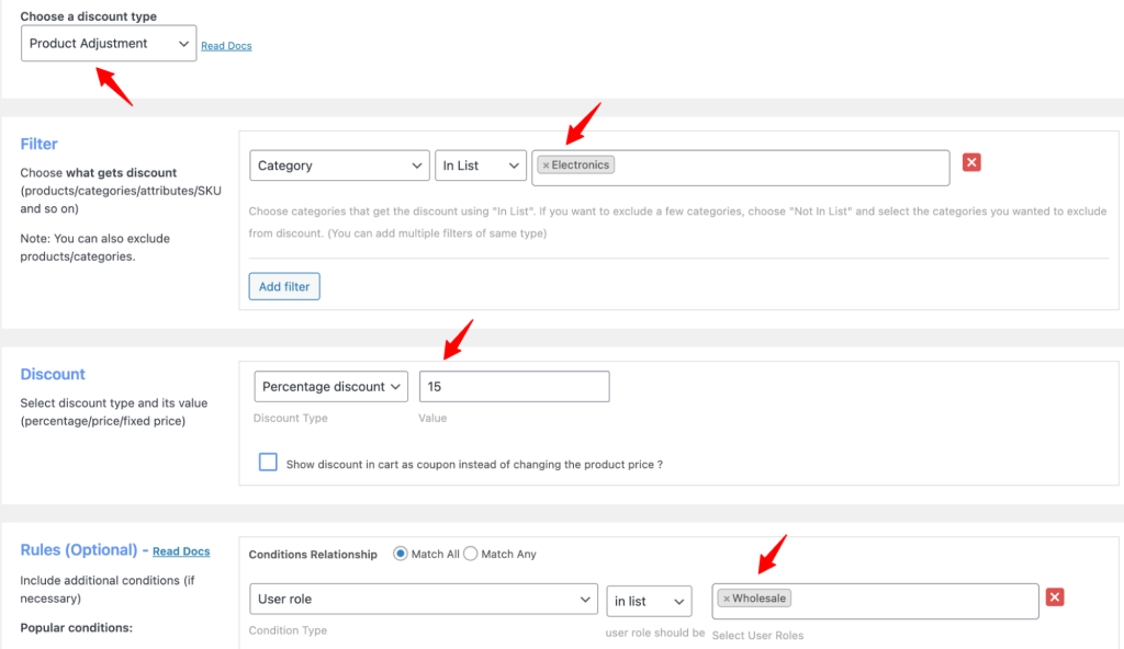 Discount Rules — Product Adjustment with Electronics category filter