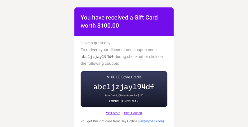 Gift Card coupon mail for someone else