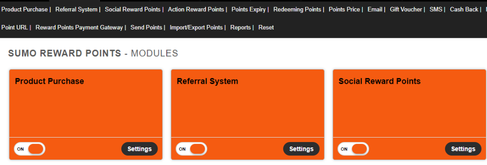 Loyalty modules page of Sumo reward points