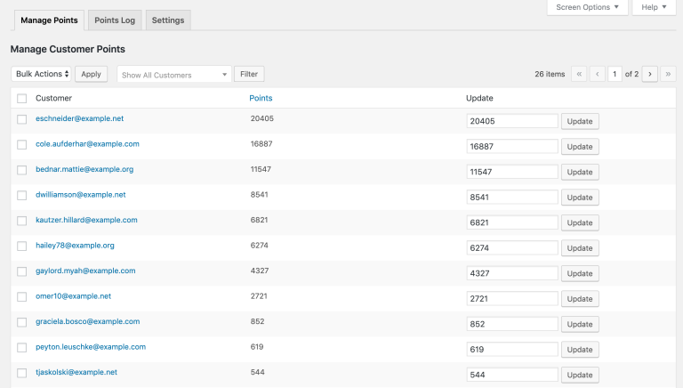 Points dashboard of WooCommerce points and rewards