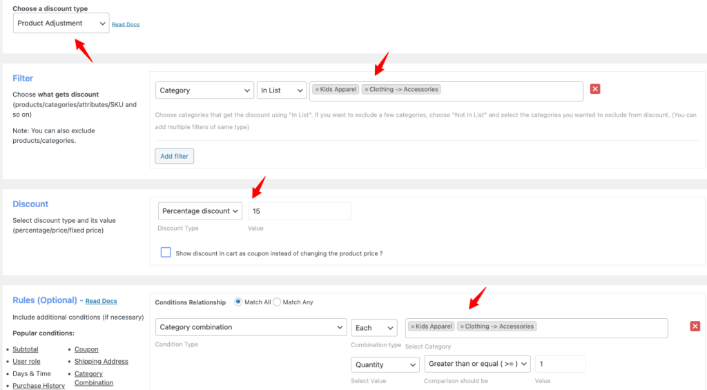 Product Adjustment rule — Categories filter with "Apparel" and "Accessories" in list