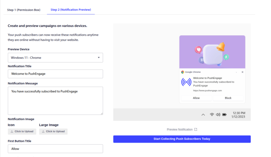 PushEngage Create Push Broadcast screen — title, message, URL fields filled in, large image toggled on, browser previews visible on the right side