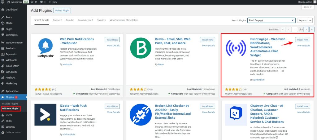 PushEngage Install from wordpress Repository