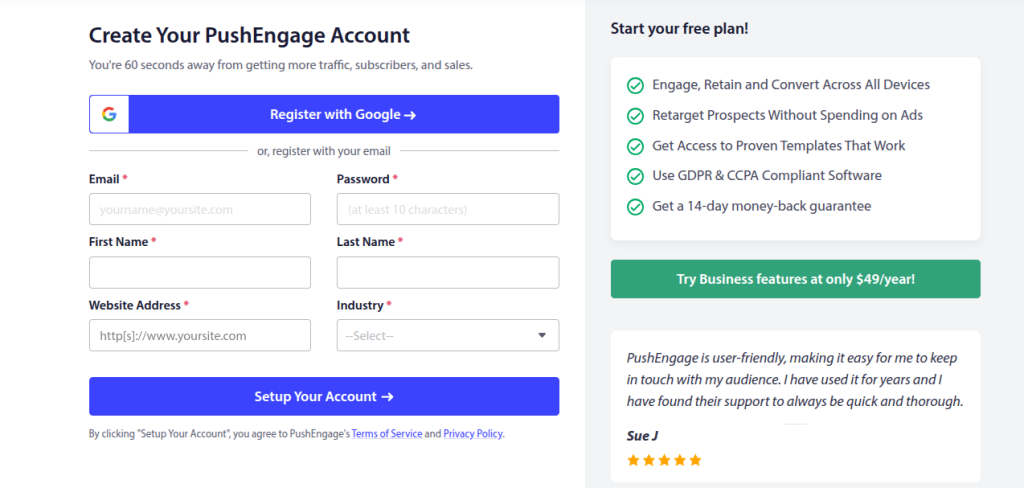 PushEngage account setup — site details screen showing site name, URL, and site icon upload fields