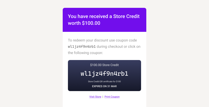 Store credit mail to user