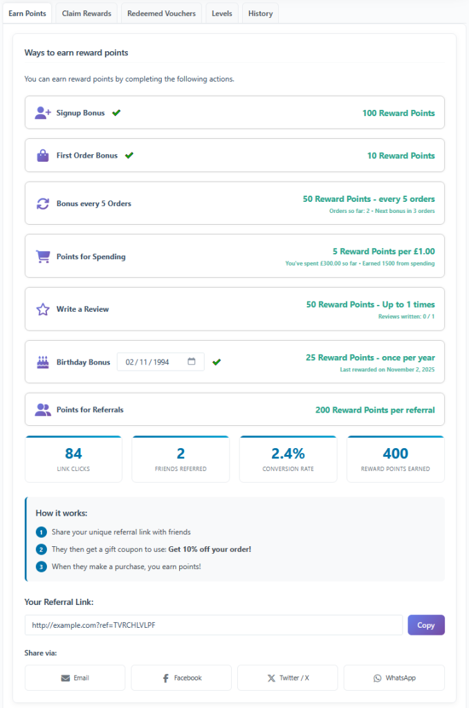 Ways to earn dashboard of Simple Points and Rewards