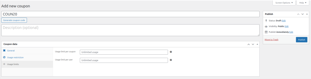 WooCommerce Coupon setup — Usage Restrictions tab showing "Apparel" in the Product categories field