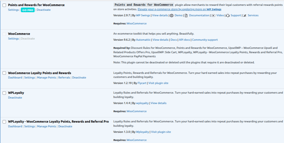 WooCommerce loyalty plugins test environment showing WordPress dashboard with plugins installed.