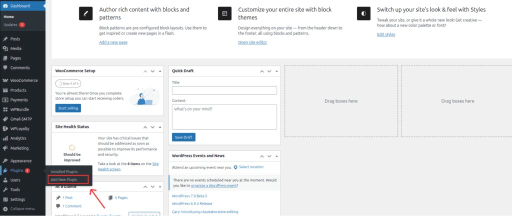 Wordpress dashboard to add plugin