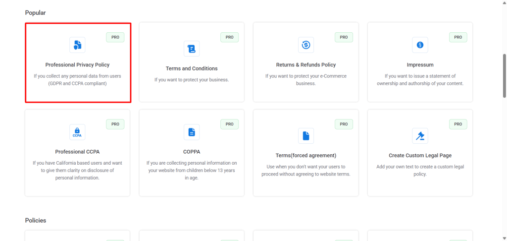 popular professional privacy policy