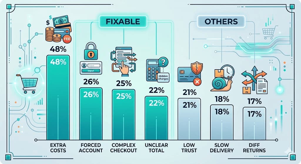 Cart abandonment reasons split into fixable and non-fixable issues