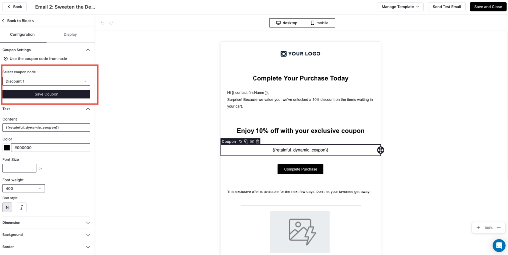 Retainful Coupon creation screen — percentage discount set to 10%